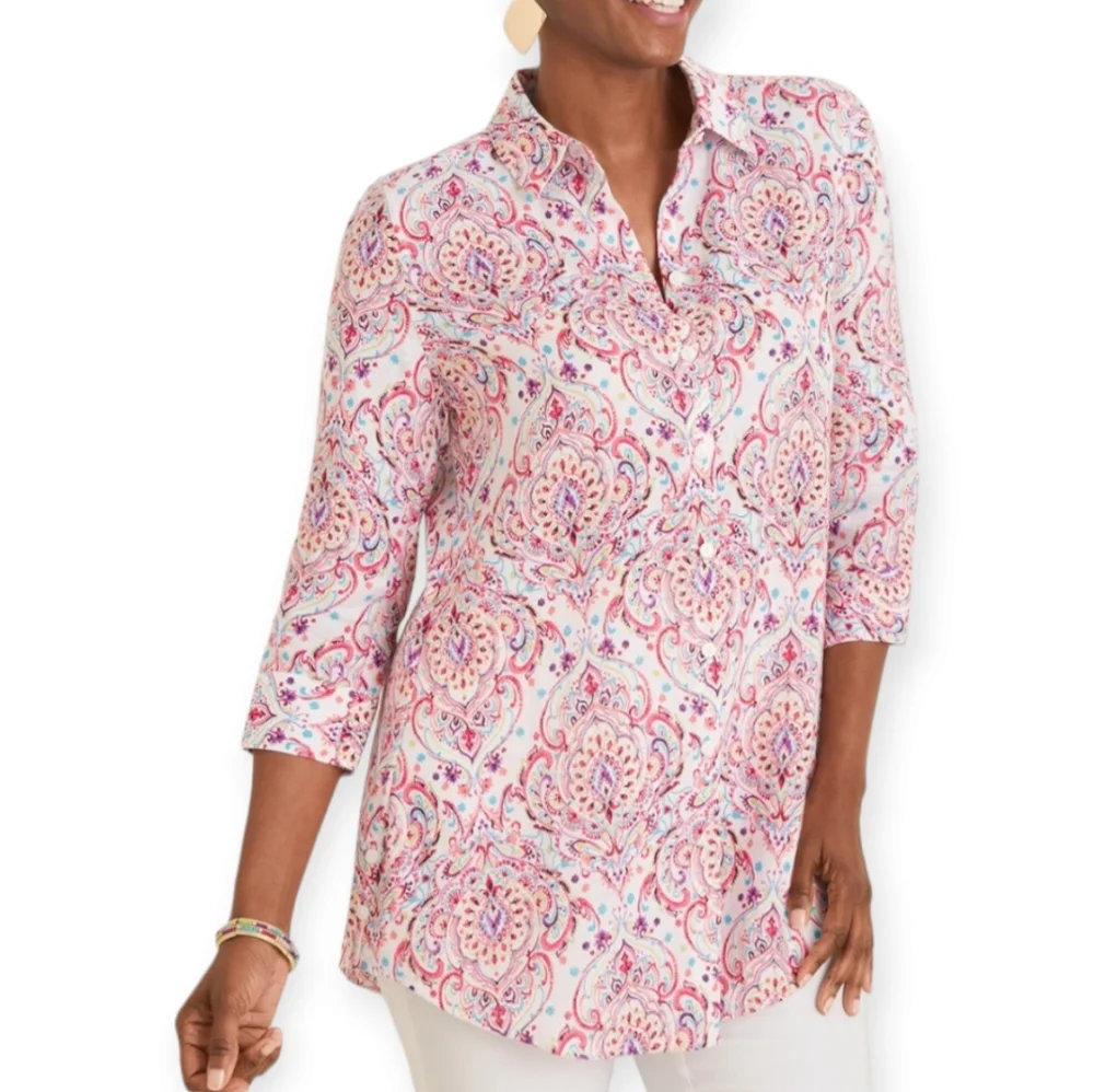 NWOT Chicos white pink purple blue scroll print linen blouse top Womens Large
